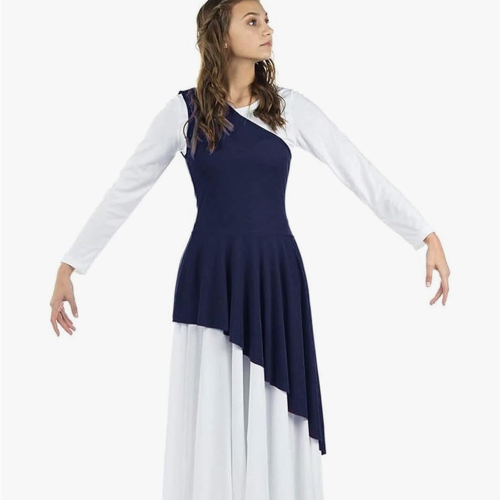 Amazon Women's Asymmetrical Praise Dance Tunic Navy (White dress not included)